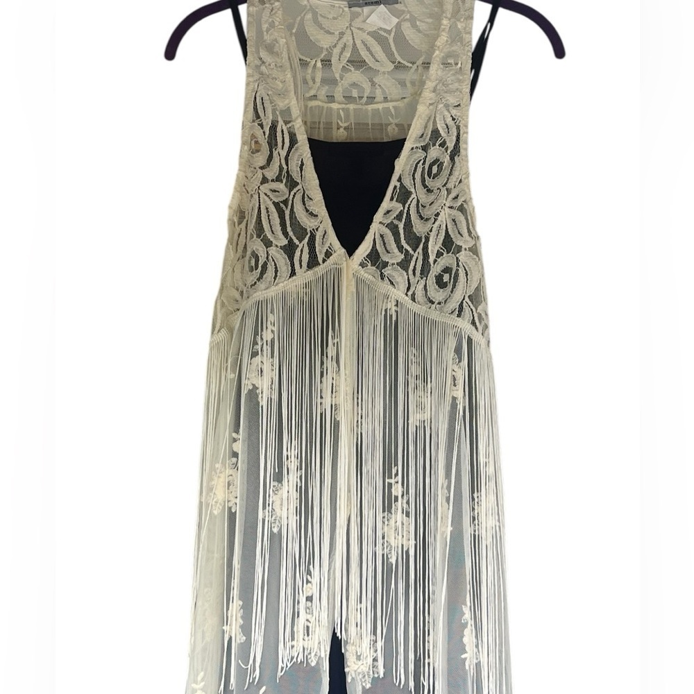 Acemi cream lace and fringe open front sleeveless gilet kimono boho festival - Picture 6 of 12